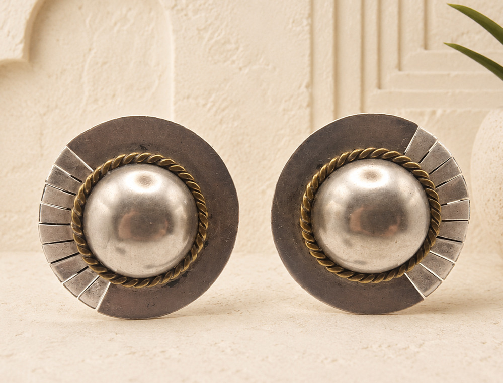 Vintage Taxco TV-84 Sterling Silver Brass Modernist Clip Earrings Mexico 925